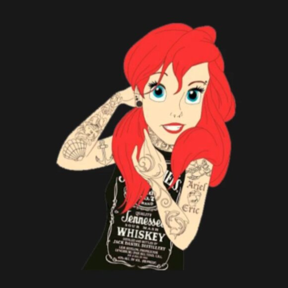 Disney Punk ARIEL Black TShirt Tattooed Rock Goth Emo Grunge Little Mermaid Red - Picture 2 of 14